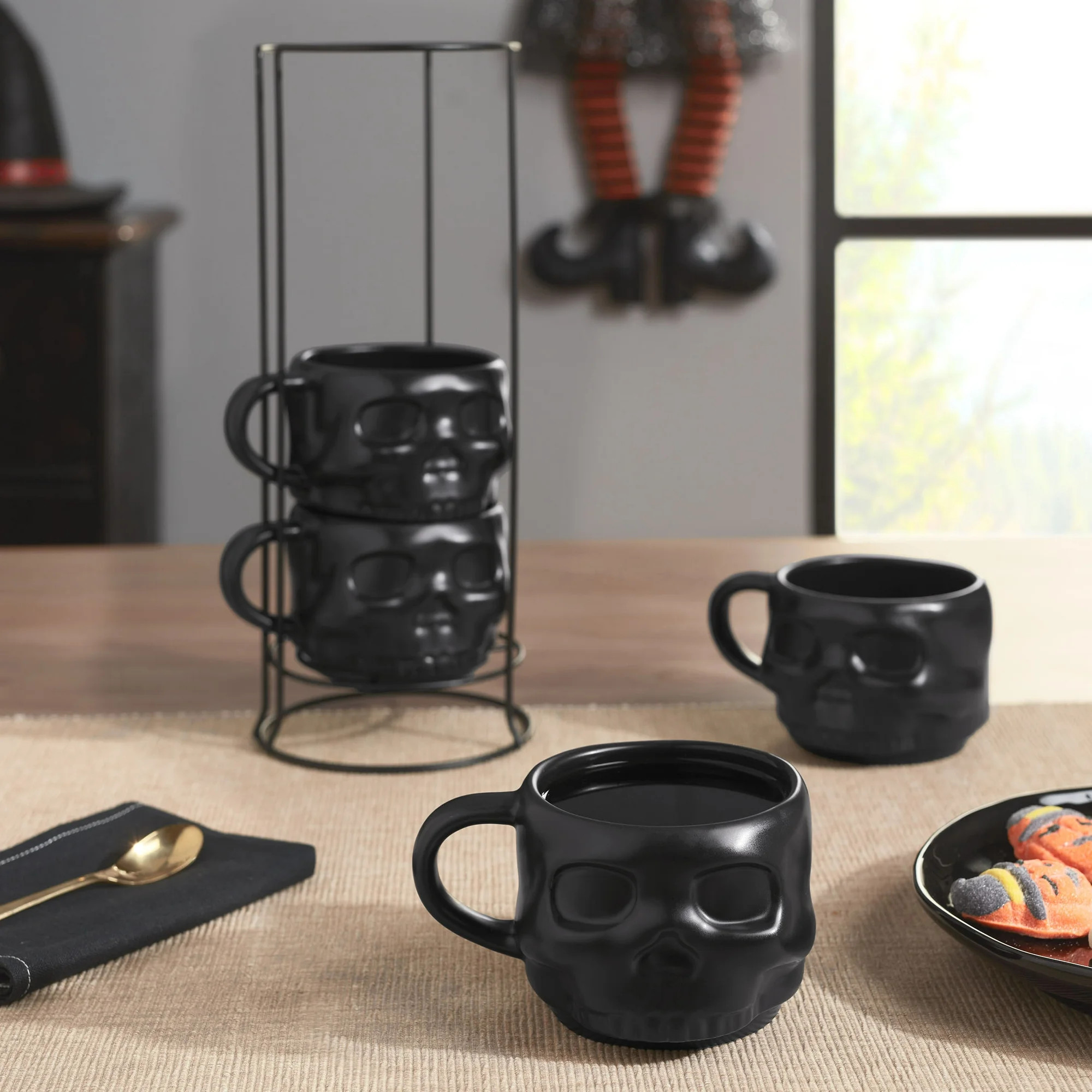 Way to Celebrate 4-Piece 13-Oz Black Skull-Shaped Glazed Ceramic Stacking Mug Set with Metal Rack | Walmart (US)
