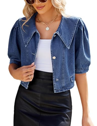 Sdipipo Womens Casual Jacket Cute Short Puff Sleeves Button Down Cropped Jean Denim Jacket Trucker Coat Shirt Top (0015-Blue-M) | Amazon (US)