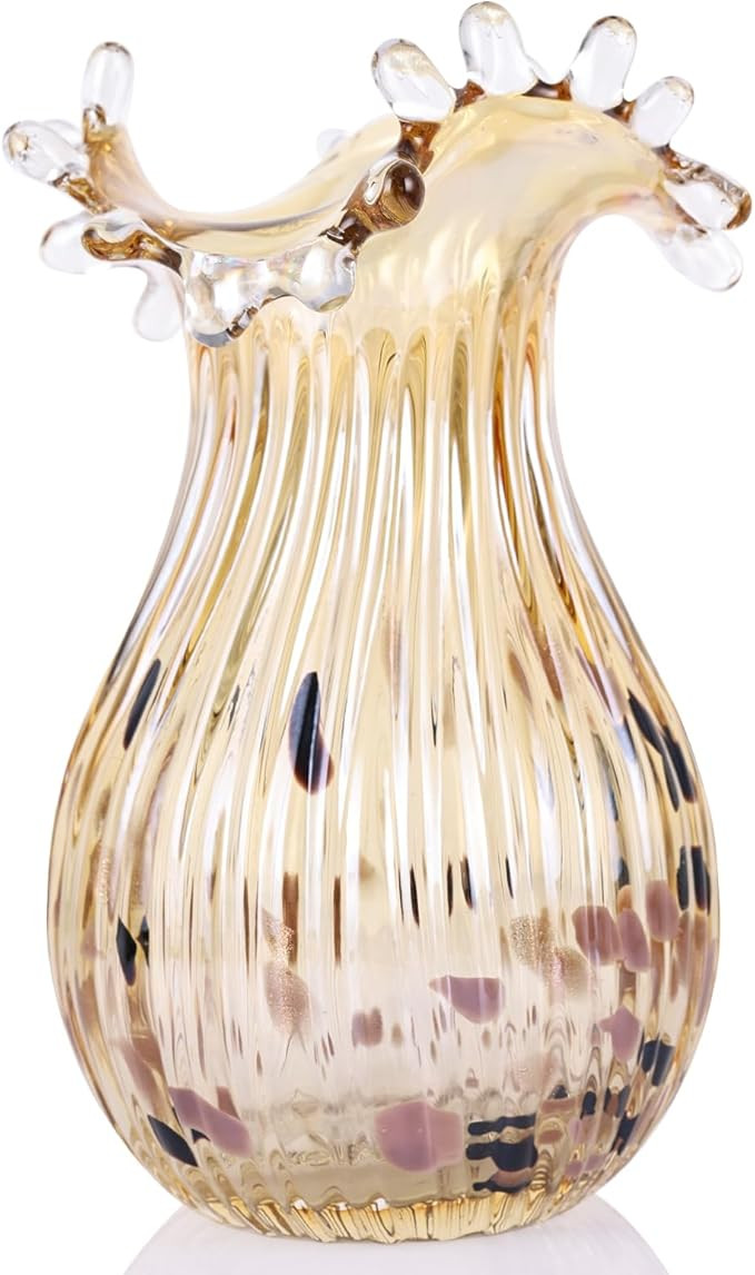 DOVDOV Hand Blown Amber Glass Art Deco Vase, Unique Wide Mouth Table Centerpiece, Perfect for Hom... | Amazon (US)