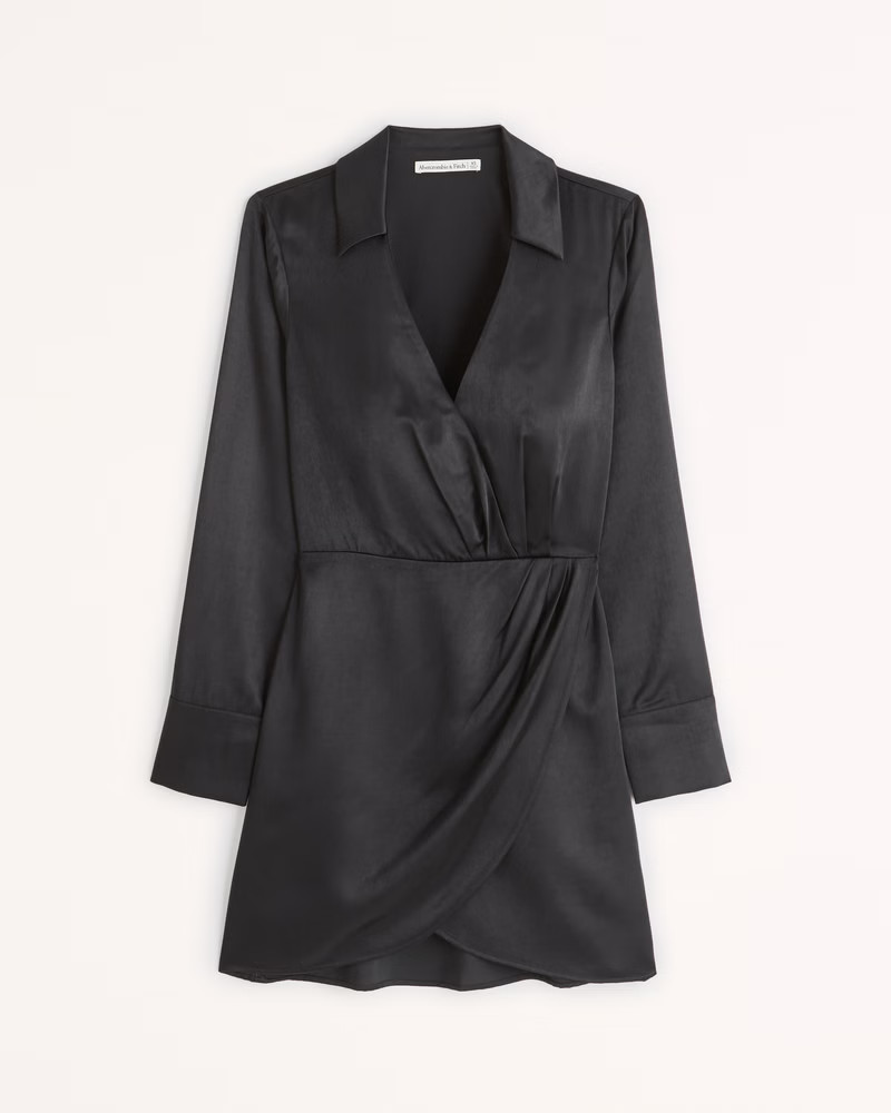 Abercrombie & Fitch Women's Long-Sleeve Satin Drapey Shirt Dress in Black - Size XXS TLL | Abercrombie & Fitch (US)