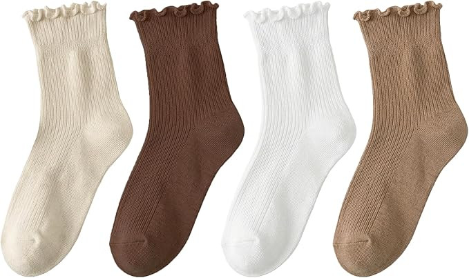 Womens Ruffle Socks, 4 Pairs Cute Ankle Crew Frilly Socks for Women | Cotton Socks with Lettuce E... | Amazon (US)