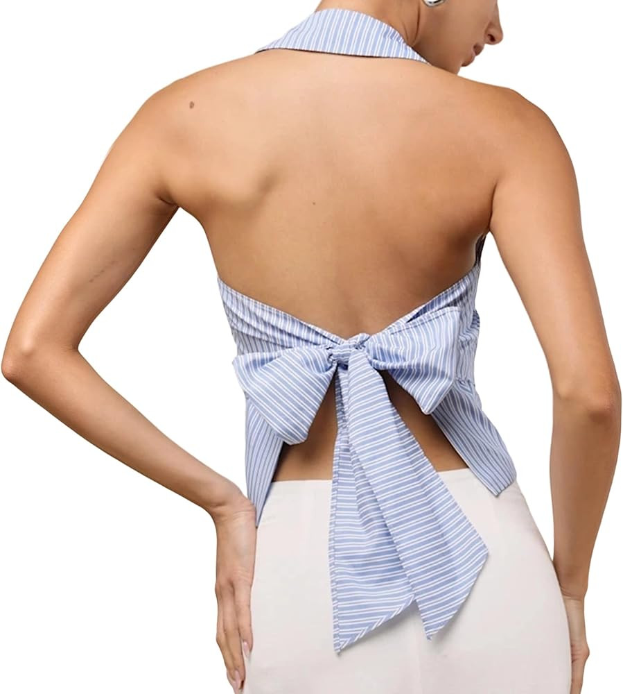 Backless Striped Halter Tops for Women Sleeveless Button Down Shirts Tie Back Collared Crop Blous... | Amazon (US)