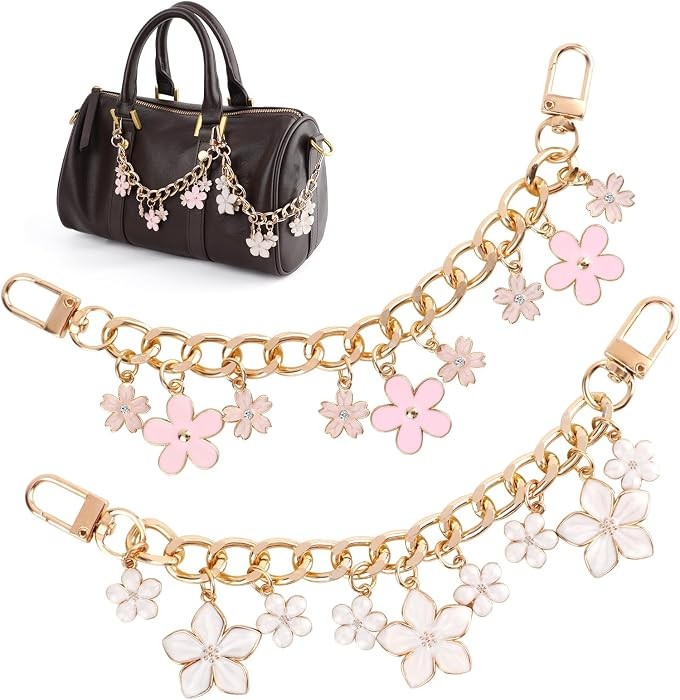2Pcs Gold Decorative Bag Chains with Pink and White Flower Enamel Pendants,7.48",7.87" Replacemen... | Amazon (US)