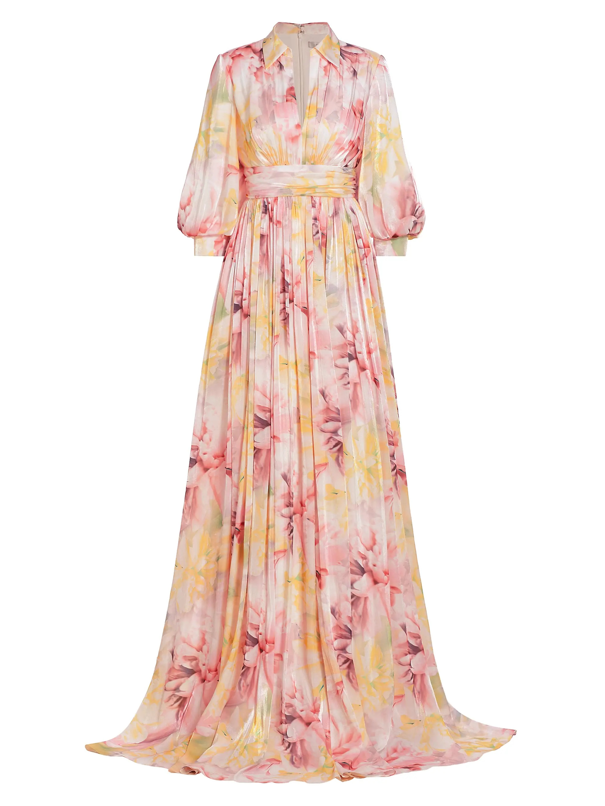 Balloon-Sleeve Pleated Satin Gown | Saks Fifth Avenue