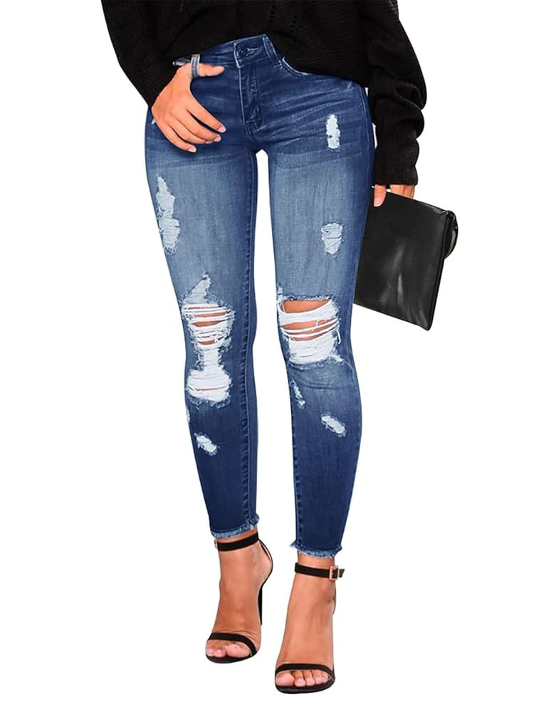 KUNMI Women's Skinny Ripped Trendy Jeans Distressed Stretchy Denim Pants | Amazon (US)