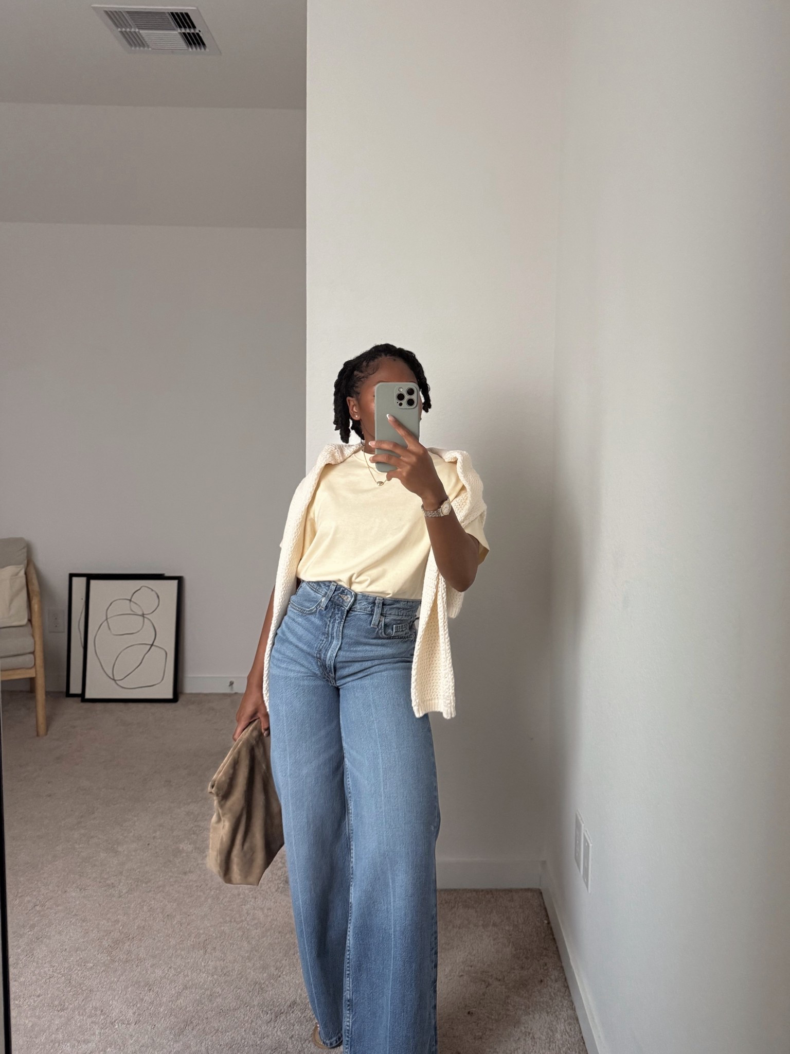 butter yellow shirt outfit with wide leg jeans  💛🍋🍯

suede bag, knit cardigan, crotchet 

#LTKSeasonal #LTKPetite #LTKStyleTip