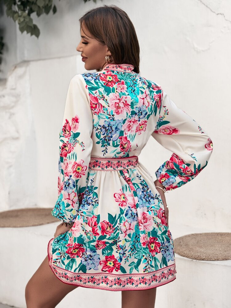Floral Print Lantern Sleeve Belted Dress | SHEIN