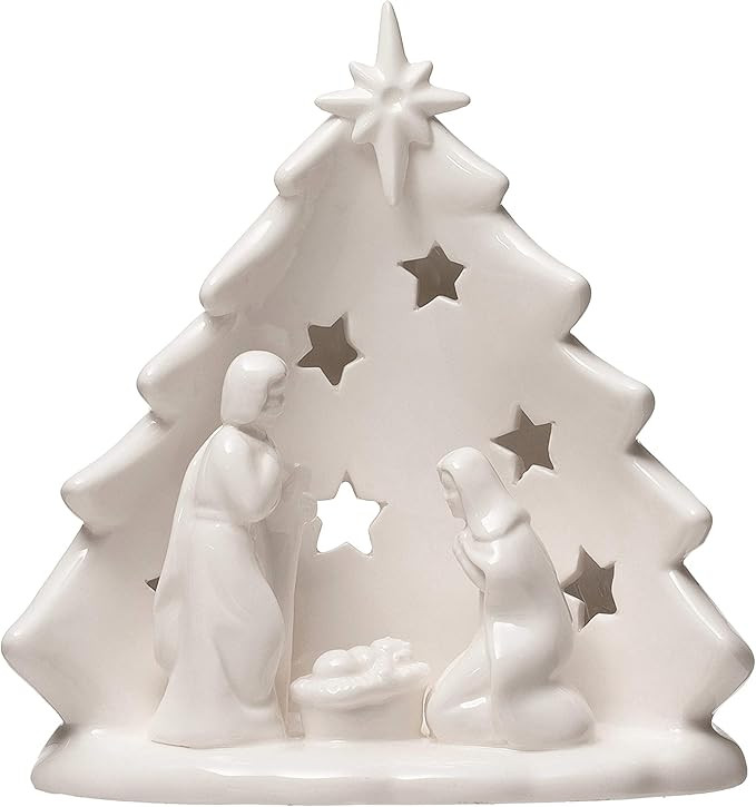Creative Co-Op 5-3/4"L x 4" W x 5-3/4"H Stoneware Holy Family w/Tree & Cut-Outs, White | Amazon (US)