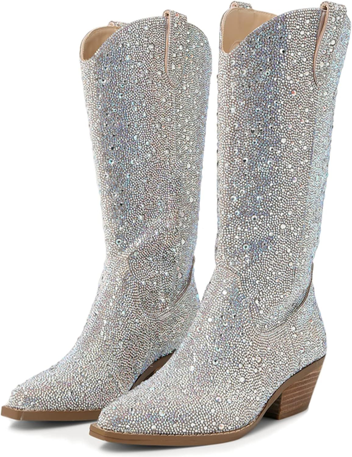MUCCCUTE Women's Rhinestone Mid Calf Boots Sparkly Block Heel Cowboy Boots Glitter Boots | Amazon (US)