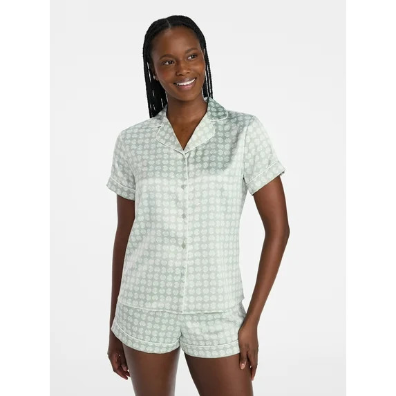 Joyspun Women’s Stretch Satin Short Sleeve Top and Shorts Pajama Set, Sizes XS-3X | Walmart (US)