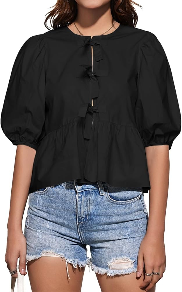 Tankaneo Womens Tie Front Tops Summer Peplum Babydoll Puff Short Sleeve Blouse Cute Cotton Shirts | Amazon (US)