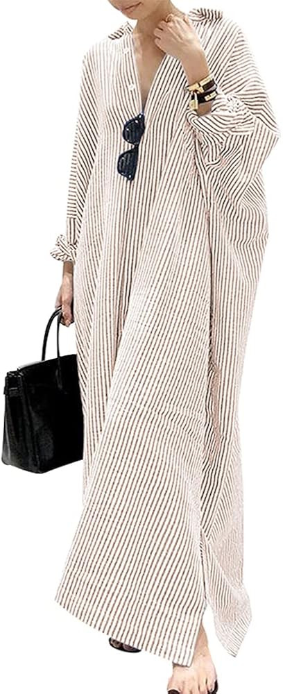 chouyatou Women's Casual Long Sleeve Button Down Loose Striped Cotton Maxi Shirt Dress | Amazon (US)