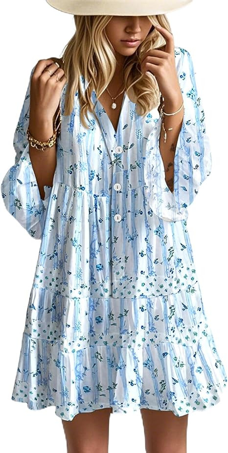Opemiby Summer Dresses for Women 2026 Flowy Ruffle 3/4 Sleeve V Neck Tiered Casual Babydoll Boho ... | Amazon (US)
