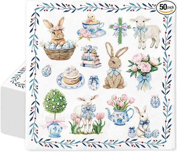 AnyDesign Easter Luncheon Napkins 50 Pcs Disposable Paper Napkin Chinoiserie Floral Bunny Rabbit ... | Amazon (US)