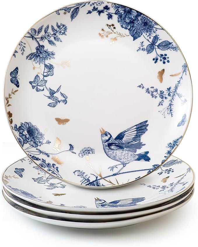 Porcelain Floral Plates 10 Inch Ceramic Salad Plates Kitchen Plates Set of 4 Blue and White Dinne... | Amazon (US)
