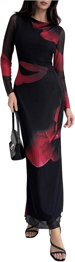 Milumia Women's Tie Dye Mesh Bodycon Dresses Floral Long Sleeve Maxi Dresses | Amazon (US)