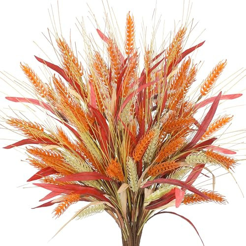 Sggvecsy Artificial Fall Flowers 6 Pcs 22 inch Floral Arrangement Fake Floral Stems Autumn Leaves Branches Fall Plastic Bouquets with Grain for Thanksgiving Home Table Centerpieces Wedding Decor | Amazon (US)