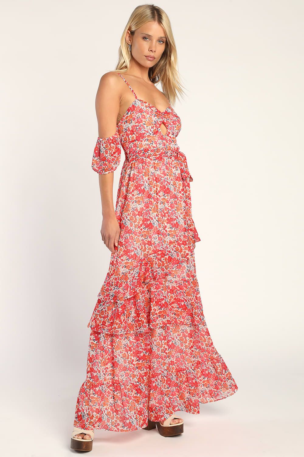 Posh Petals Red Floral Print Lurex Cold-Shoulder Maxi Dress | Lulus (US)