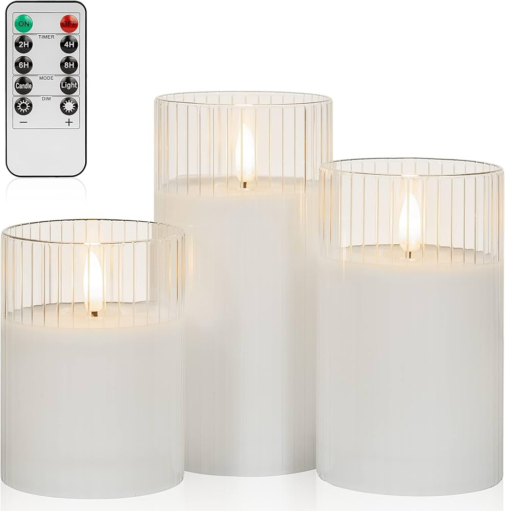 ANGELLOONG White Flameless Candles with Timer, Glass Flickering LED Candle with Remote, Set of 3 ... | Amazon (US)