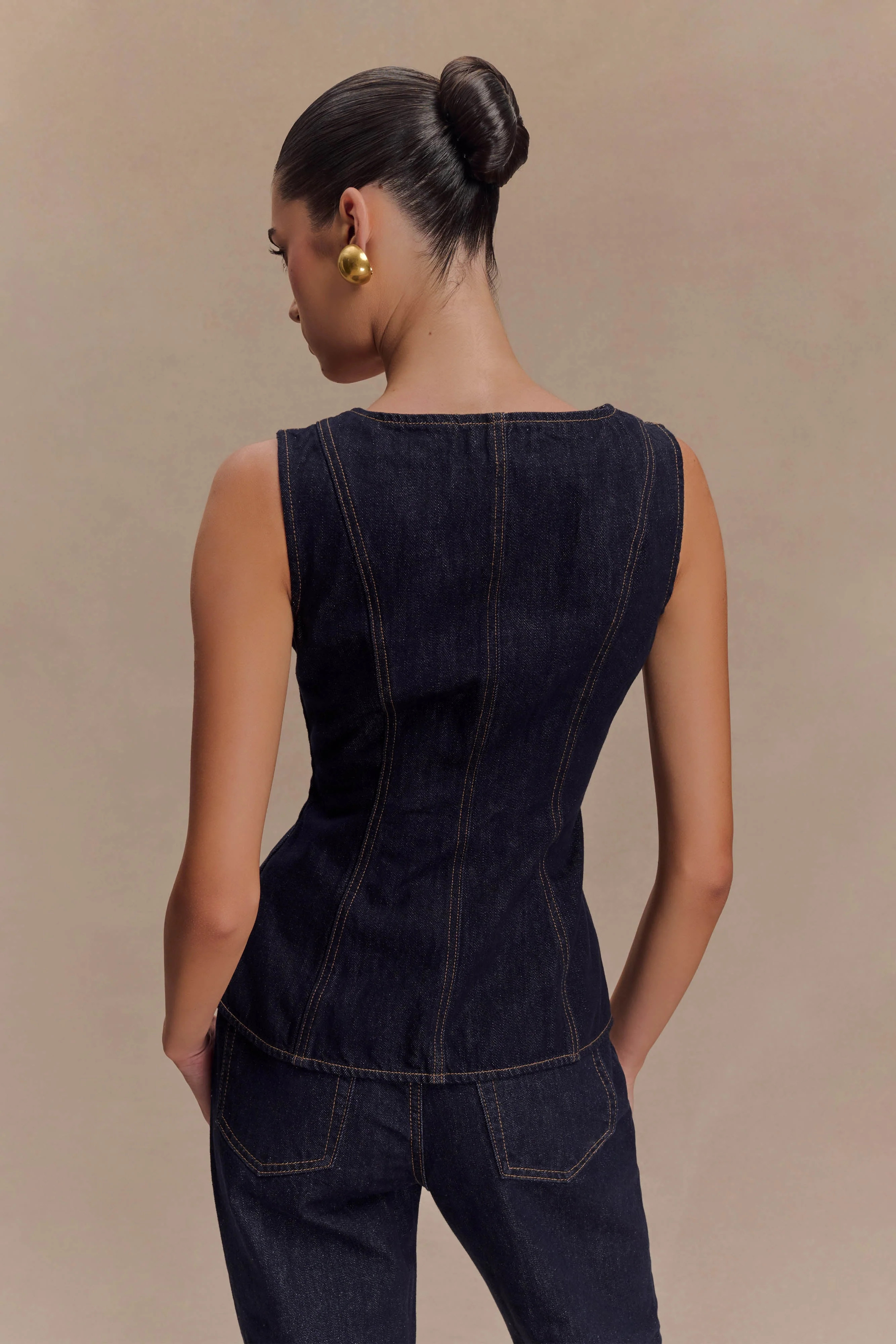 Sleeveless Buttoned Denim Top - Washed Indigo Blue | MESHKI US