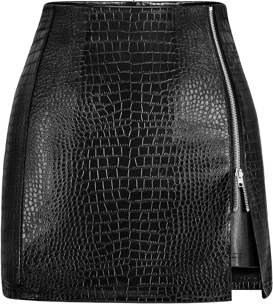FLUFFY SENSE. Women's Leather Mini Skirt Stretchy High Waisted Zipper Slit Faux Pleather Bodycon ... | Amazon (US)