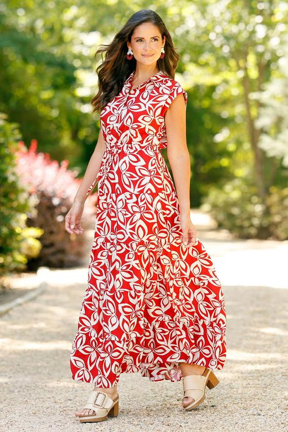 Red Abstract Leaf Shirt Dress | Cato Fashions
