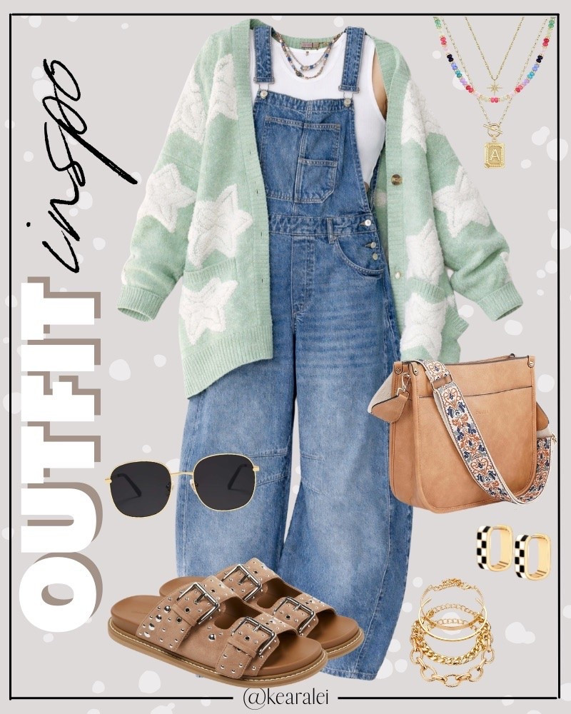 Fall outfits cool mom outfit winter outfit fun bright colorful outfits oversized light green pistachio star cardigan Womens Cardigan Sweater Sherpa Star Pattern Textured Sweater Cardigan with Pockets Casual Knit Coat we the free good luck barrel overalls layered over white ribbed tank top with light brown tan suede leather studded strap buckle sandals Birkenstock look alike look for less Birkenstocks tan cognac faux leather crossbody tote bag purse with embroidered strap checkered Huggies hoops earrings gold filled gold plated bracelets rainbow colorful beaded necklace initials necklace teen girl teenager outfits college campus || #amazon #outfit #summer #spring #comfy #freepeople #barrel #overalls #affordable 
.
.
.

Fitness Wear, Activewear, exercise outfit, workout leggings, sports bra, Lulu lemon, free people motion active athleisure Amazon fashion, teacher outfits, business casual, casual outfits, neutrals, street style, Midi skirt, Maxi Dress, Swimsuit, Bikini, Travel, skinny Jeans, Puffer Jackets, Concert Outfits, Cocktail Dresses, Sweater dress, Sweaters, cardigans Fleece Pullovers, hoodies, button-downs, Oversized Sweatshirts, Jeans, High Waisted Leggings, dresses, joggers, fall Fashion, winter fashion, leather jacket, Sherpa jackets, Deals, shacket, Plaid Shirt Jackets, apple watch bands, lounge set, Date Night Outfits, Vacation outfits, Mom jeans, shorts, sunglasses, Disney outfits, Romper, jumpsuit, Airport outfits, biker shorts, Weekender bag, plus size fashion, Stanley cup tumbler Target, Abercrombie and fitch, Amazon, Shein, Nordstrom, H&M, forever 21, forever21, Walmart, asos, Nordstrom rack, Nike, adidas, Vans, Quay, Tarte, Sephora, lululemon, free people, j crew jcrew factory, old navy

#LTKootd #LTKSeasonal #LTKSaleAlert