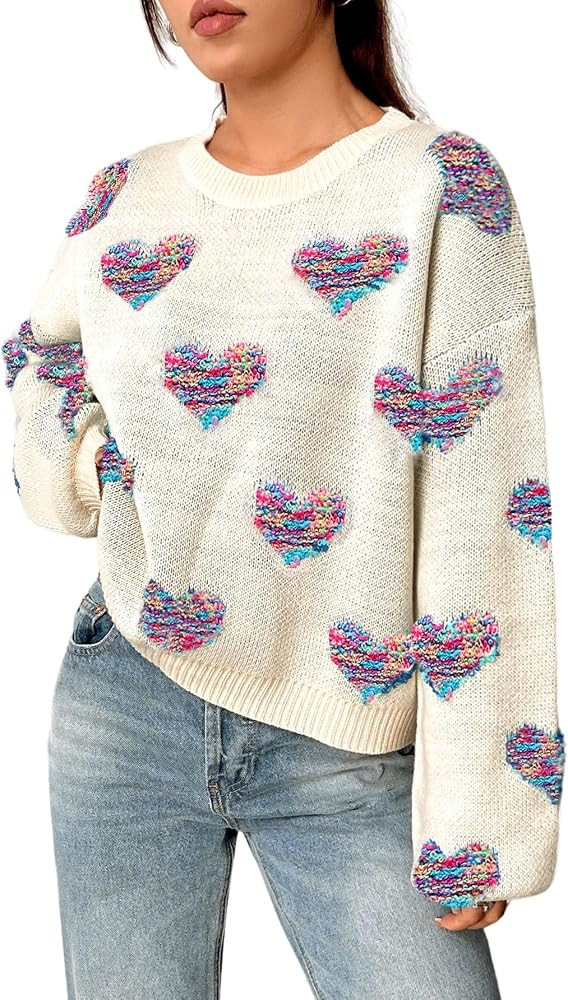 Verdusa Women's Drop Shoulder Long Sleeve Heart Print Sweater Knit Pullovers Top | Amazon (US)