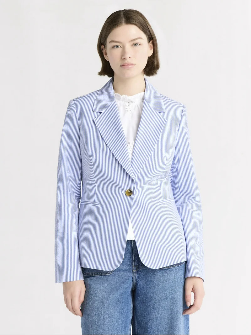 Free Assembly Women's Single Breasted Cotton Blazer, Sizes XS-XXL | Walmart (US)