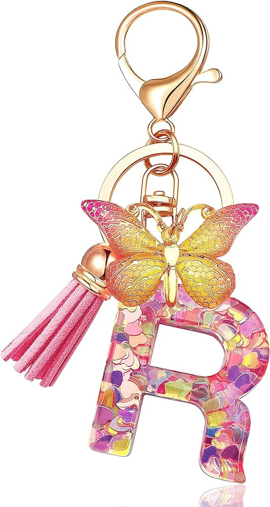 JINGUAZI Initial letter Keychains for Women Tassel Butterfly Pink Purple Cute Car Keychain for Wa... | Amazon (US)