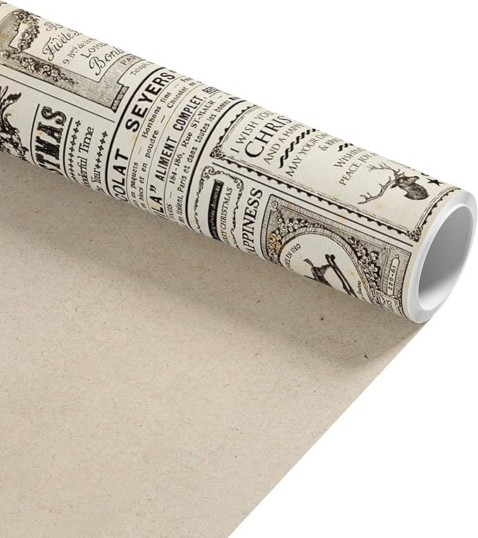 Vintage Christmas Kraft Wrapping Paper, 17" x 16.4 ft – Retro Newspaper Gift Wrap with Double-S... | Amazon (US)
