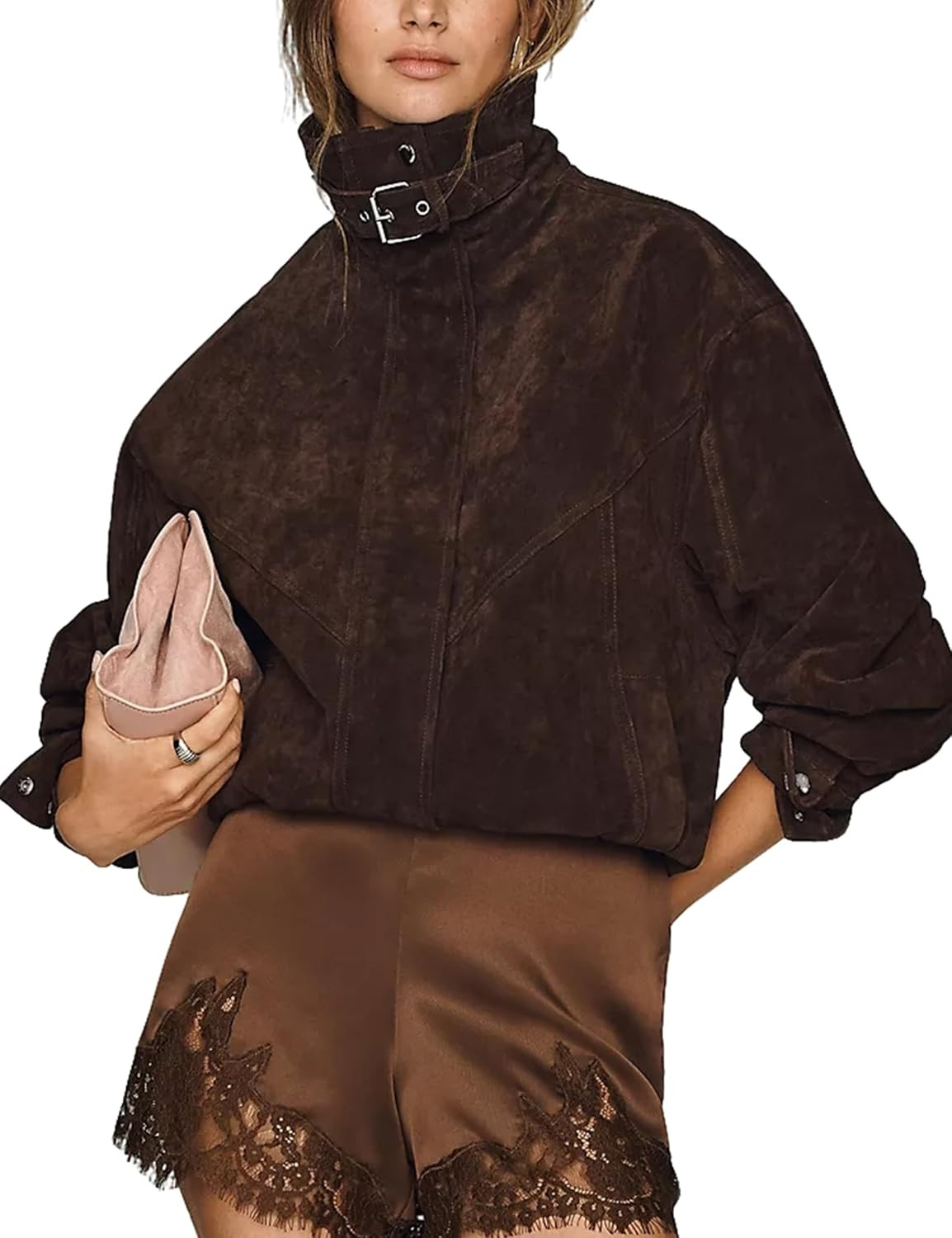 Women's Funnel Neck Full Zip Suede Bomber Jacket | Amazon (US)