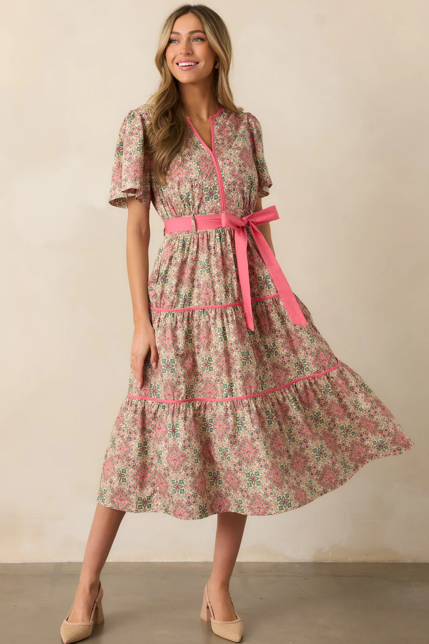 Sunday Best Pink Geometric Floral Cotton Midi Dress | Red Dress