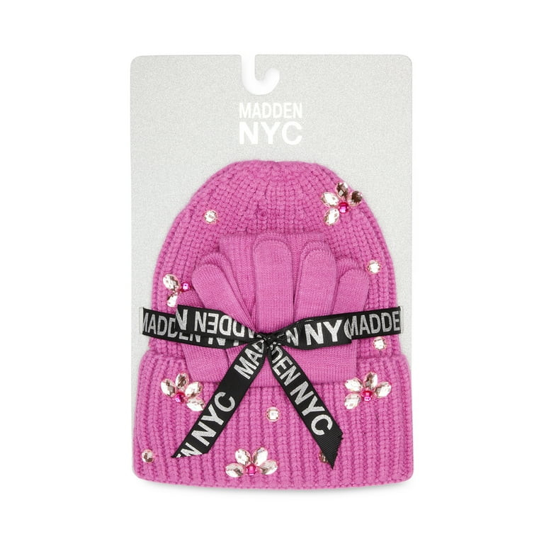 Madden NYC Women's Cuffed Beanie with Rhinestones and Magic Gloves, 2-Piece Gift Set | Walmart (US)
