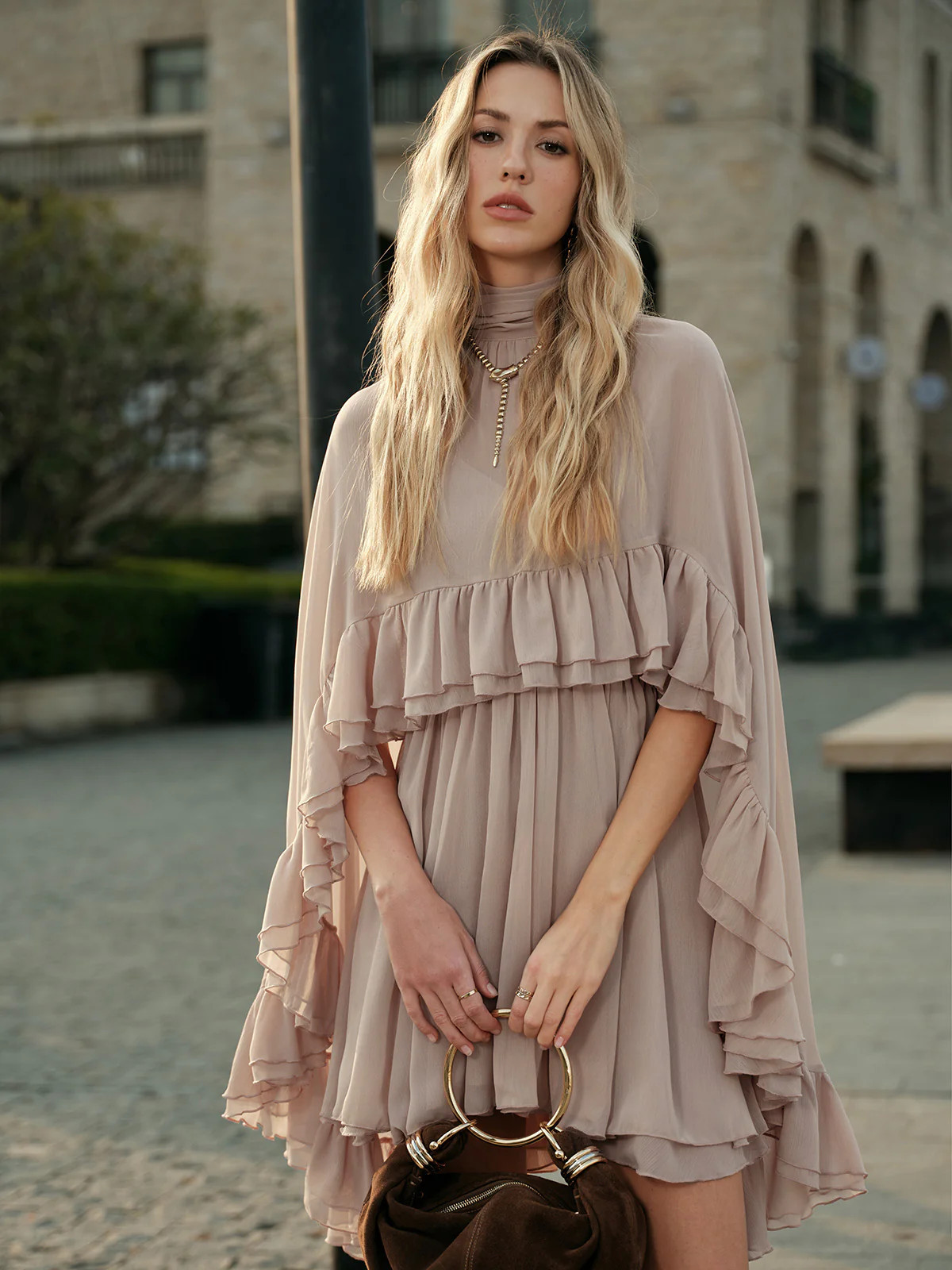 Chiffon Ruffle Dress With Outer Cape | Commense