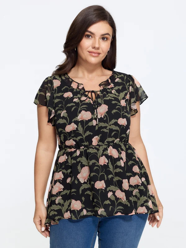 Floral Print Tie Neck Flutter Sleeve Peplum Blouse | Bloomchic