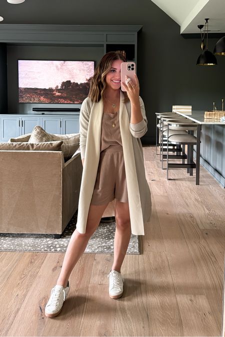 Travel outfit today - amazon shorts + tank set with a cozy cardigan over! Love this cardigan- gray on the outside, but cream inside! Wearing small in everything! Paired with sneakers (tts). 

#LTKFindsUnder50 #LTKStyleTip #LTKTravel