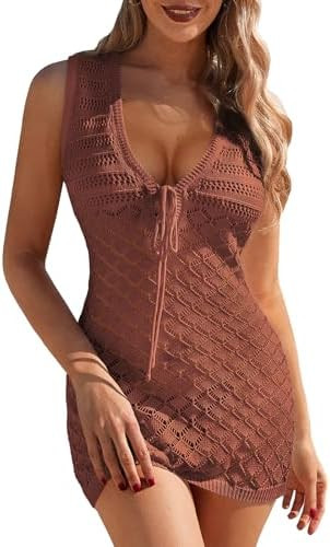 Swimsuit Coverup for Women Crochet Swim Cover Ups Mesh Knit Hollow Out Front Tie Sleeveless Beach... | Amazon (US)