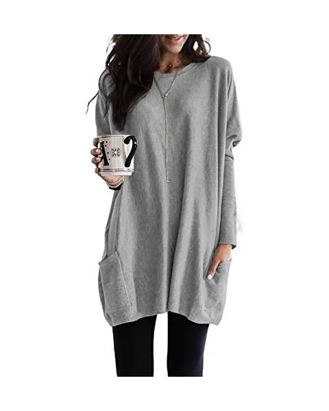 Amazon.com: Pevilo Round Neck Long Sleeve Tunic Tops for Leggings for Women Apricot Fall Shirts L... | Amazon (US)