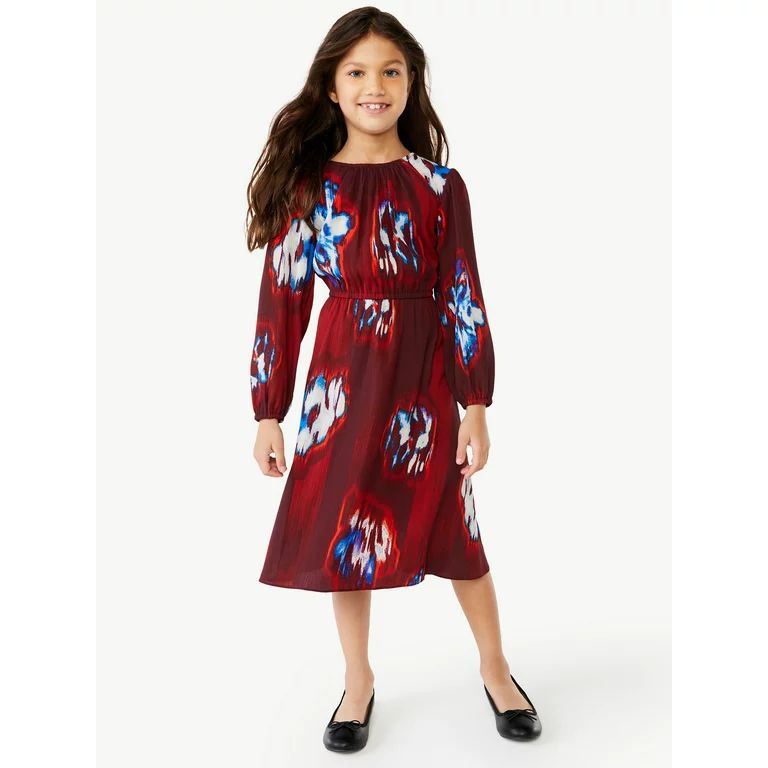 Scoop Girls Tie Waist Midi Dress with Long Sleeves, Sizes 4-12 - Walmart.com | Walmart (US)