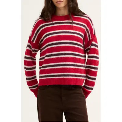 Madewell Stripe Crewneck Sweater in Alpaca Blend in Crimson Trio Stripe at Nordstrom, Size Small | Nordstrom