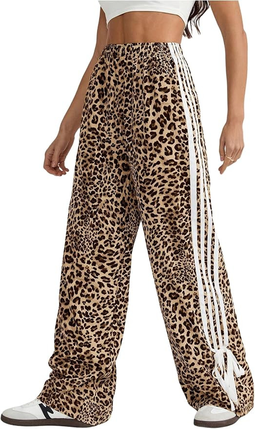 Floerns Women's Y2K Bow Striped Leopard Print Wide Leg Pants | Amazon (US)
