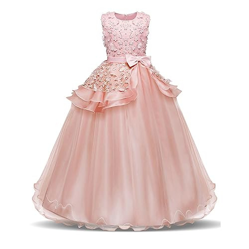 NNJXD Girl Sleeveless Embroidery Princess Pageant Dresses Prom Ball Gown Size (150) 9-10 Years Pink | Amazon (US)