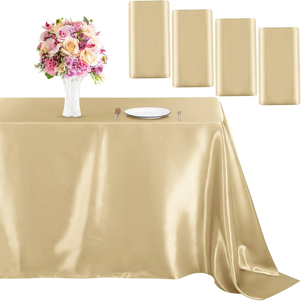 MCEAST 4 Pieces Champagne Satin Tablecloth 102 x 58 Inch Champagne Satin Table Overlay Cover Rect... | Amazon (US)