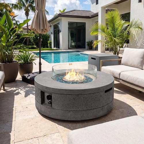 UPHA 38-inch Outdoor Patio Propane Gas Fire Pit Table 50000 BTU Concrete Round Firepit with ABS Tank Hidden Table, Wind Guard, Blue Glass Rocks, Rain Cover, Gray Wood Finish | Amazon (US)