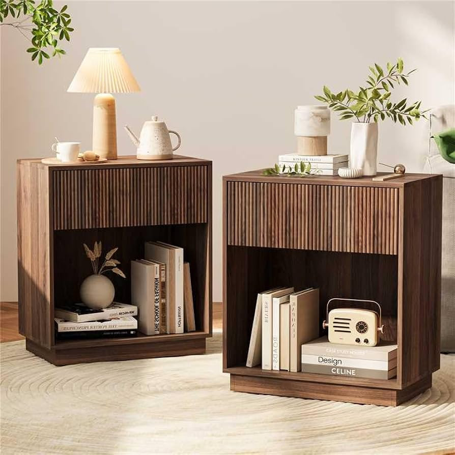 Fluted Nightstands Set of 2, Modern Bedside Table with Drawer and Storage Shelf, Wood End Table M... | Amazon (US)
