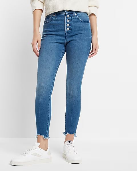 High Waisted Medium Wash Button Fly Cropped Skinny Jeans | Express