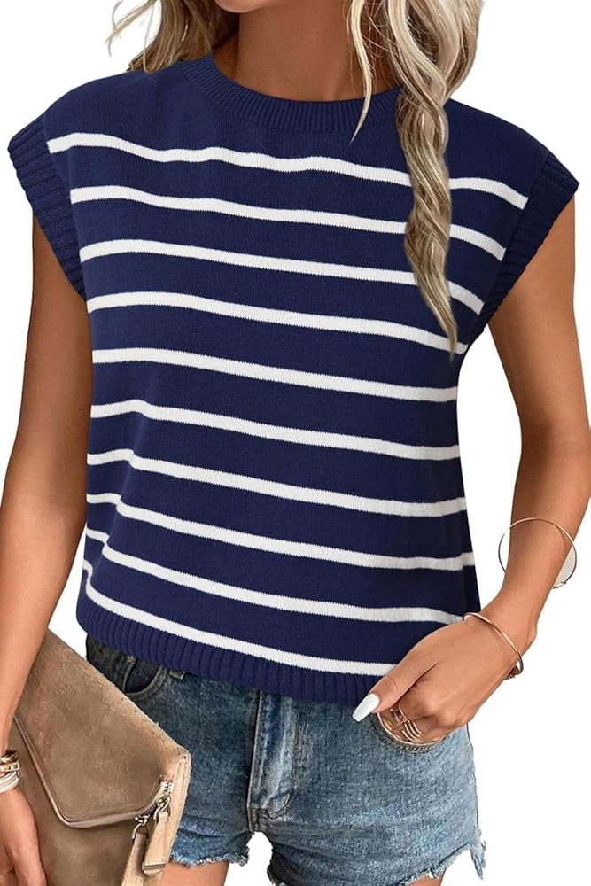Arach&Cloz Womens Summer 2024 Sweater Vest Cap Sleeve Crew Neck Striped Fashion Casual Sleeveless... | Amazon (US)