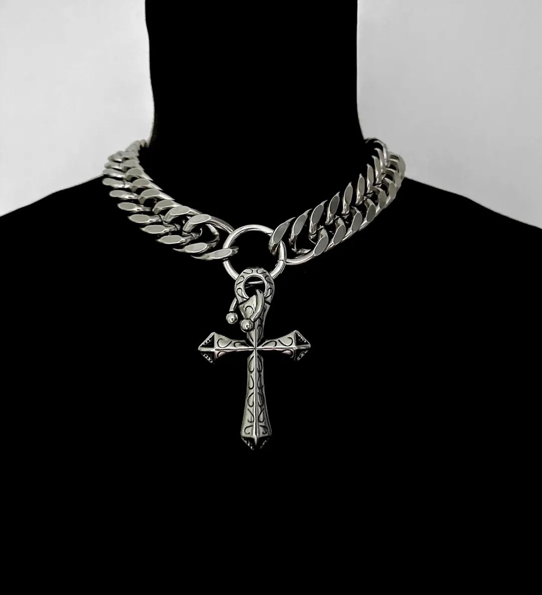 PIERCED LUXE CROSS – Stainless Steel Gothic Cross Necklace Choker | Punk Y2K Statement Jewelry ... | Etsy (US)