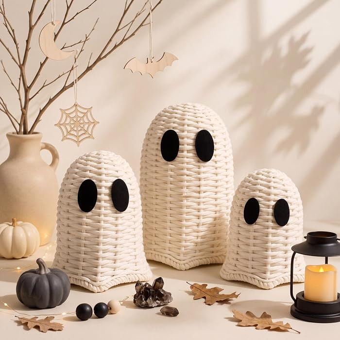Geelin White 3 Pcs Halloween Rattan Wicker Ghosts Decoration Cute Farmhouse Ghost Figurines for T... | Amazon (US)